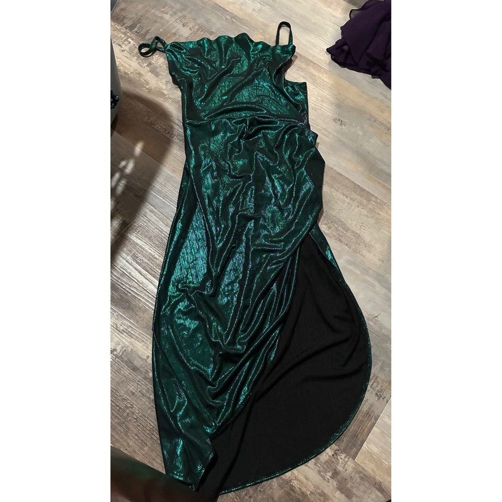 Emerald Green Metallic Cowl Neck Maxi Dress Sleeveless High Slit Ruched Formal